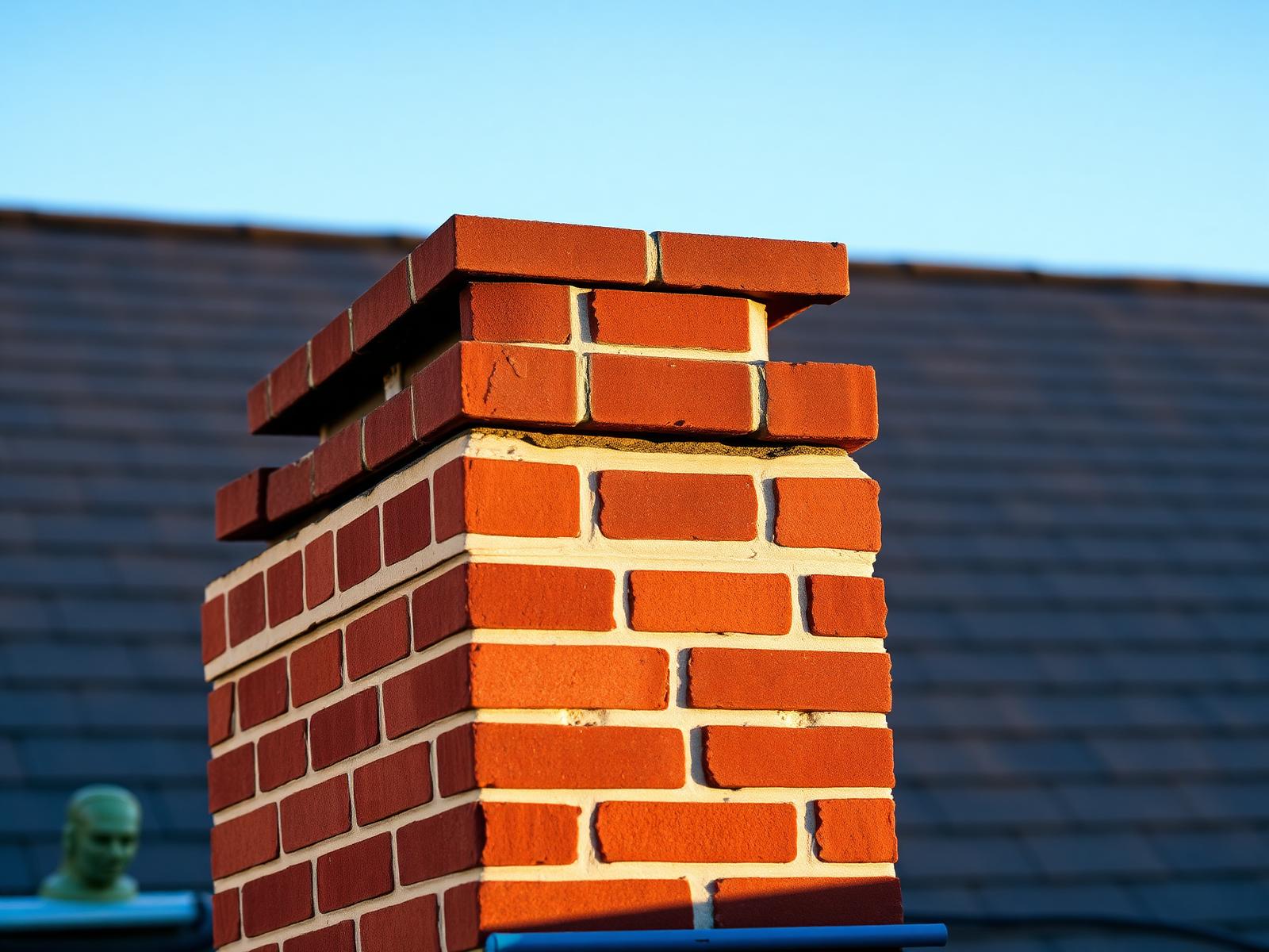 Freshly repointed red brick chimney with crisp new mortar joints on a New Jersey home